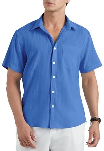 HISDERN Camicia Lino Uomo Manica Corta Blu Casual Classico Estiva Camicia Colore Solido Spiaggia Vacanza Camicia con Tasca Regular Fit 3XL