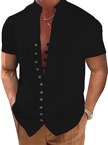 NIBESSER Camicia Lino Uomo Manica Corta Camicia Uomo Elegante Estiva Camicia Casual Coreana Uomo con Bottoni Tinta Unita Traspirante per Mare Spiaggia Vacanza, Maniche Corte- Nero, XXL