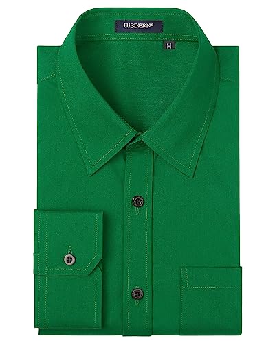 HISDERN Camicia Uomo Maniche Lunghe Camicie Casual Tinta Unita Shirt Regolare Camicia Verde L