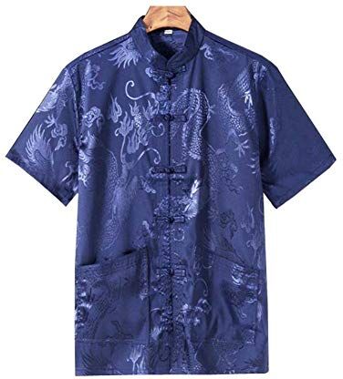 Koala Superstore Drago Cinese Modello Abbigliamento Tang Camicia Casual Maniche Corte T-Shirt da Uomo, Blu Scuro