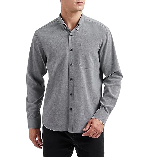 HISDERN Camicia da Uomo a Maniche Lunghe Grigio Oxford Camicie con Tasche Classiche Casual Cotone Camicia Regular Fit XL