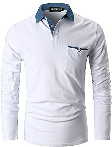 LIUPMWE Polo Uomo Manica Lunga Maglietta Cuciture in Denim Collare Cotone Basic Golf Casual T-Shirt,a-Bianco,XXL