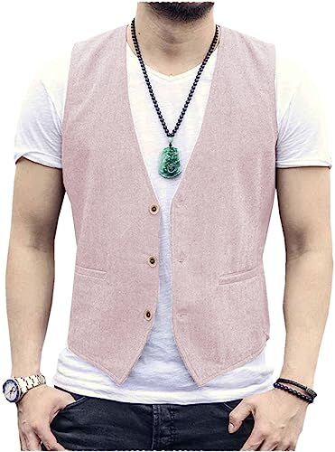 Tiavllya Gilet da uomo senza maniche in cotone e lino casual Gilet da spiaggia estivo slim fit tinta unita a 3 bottoni（XL, Rosa）