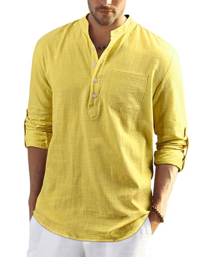 Enlision Camicia Lino Uomo Giallo Estate Elegante Casual Maniche Lunghe Henley Shirt con Scollo A V Camicie con Bottoni Spiaggia T Shirt M