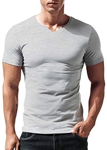 palglg Uomo vestibilità Slim Manica Short Henley Maglietta Casuale Scollo a V. Magliette Cotone Grigio X-Large