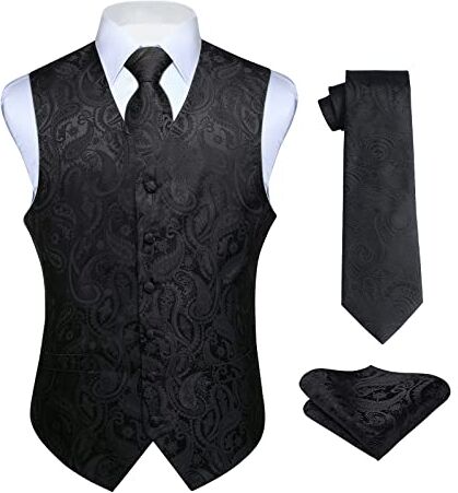 HISDERN Paisley floreale Jacquard floreale gilet e cravatta e fazzoletto da taschino set Nero 3XL