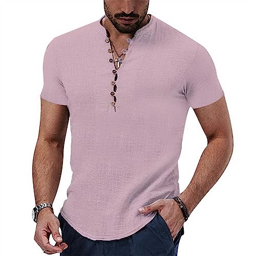 NIBESSER Camicia Lino Uomo Maniche Corte Camicia Uomo Elegante Estiva Camicia Coreana Uomo Casual con Bottoni Henley Shirt Tinta Unita Traspirante per Mare Spiaggia Vacanza, Rosa, M