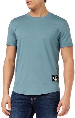 Calvin Klein Badge Turn UP Sleeve  Top in Maglia a Maniche Corte, Blu (Goblin Blue), S Uomo