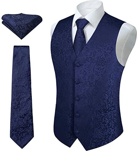 HISDERN Set di gilet e cravatta jacquard floreali classici da uomo in paisley floreale e tasca quadrata Argento Blu marina