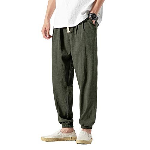VANVENE Pantaloni casual da uomo in lino e cotone, leggeri e larghi, da spiaggia, yoga, gamba ampia Verde 3XL