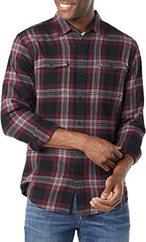 Amazon Essentials Camicia in Flanella con Due Tasche a Maniche Lunghe vestibilità Aderente Uomo, Nero Bordeaux Motivo Scozzese, XL