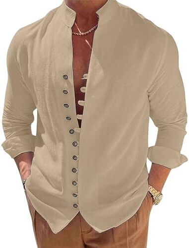 NIBESSER Camicia Lino Uomo Manica Lunga Camicia Uomo Elegante Estiva Camicia Casual Coreana Uomo con Bottoni Tinta Unita Traspirante per Mare Spiaggia Vacanza, Cachi, XL