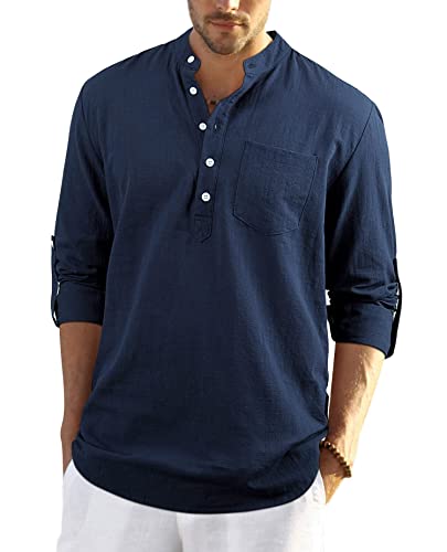 Enlision Estivi da Uomo Camicia in Cotone Lino a Manica Lunga con Bottoni Spiaggia Regular Fit Uomo Blu Navy Colore Puro Classico Lavoro Shirts 3XL