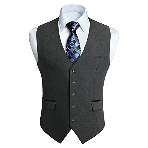 HISDERN Gilet Uomo Grigio scuro Elegante Casual Gilet da Abito Cotone Formale Matrimonio Panciotto uomo Classico per Business Festa Nozze XS