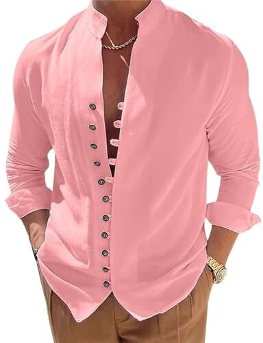 NIBESSER Camicia Lino Uomo Manica Lunga Camicia Uomo Elegante Estiva Camicia Casual Coreana Uomo con Bottoni Tinta Unita Traspirante per Mare Spiaggia Vacanza, Rosa, XXL