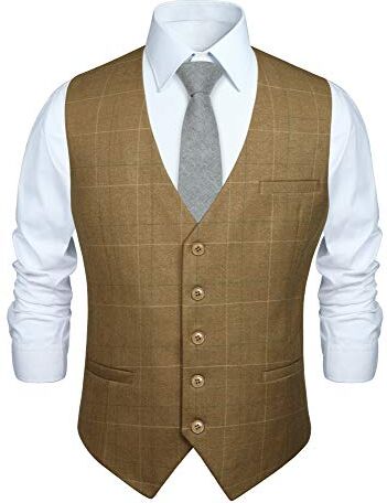 HISDERN Gilet Formale da Uomo Kaki in Cotone Panciotto Uomo Elegante Casual con Motivo Scozzese a Quadri Estivo XS