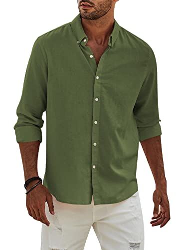 APOONABA Camicia Lino Uomo Manica Lunga Business Cotone Shirts con Bottoni Casual Tinta Unita Classica Elegante Camicia Regular Fit Molla Autunno Estate Verde XL