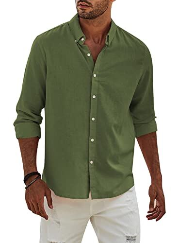 APOONABA Camicia Lino Uomo Manica Lunga Business Cotone Shirts con Bottoni Casual Tinta Unita Classica Elegante Camicia Regular Fit Molla Autunno Estate Verde S