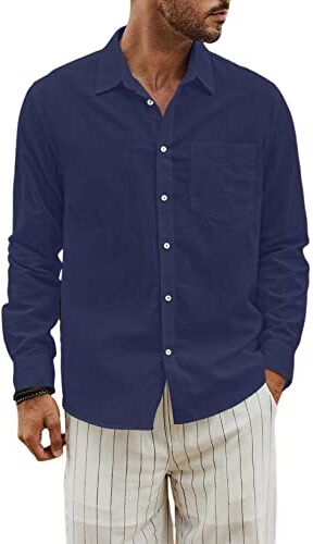 JMIERR Camicia in Lino di Cotone Uomo Maniche Lunghe Casual Camicie Western Regular Fit, Grigio Blu S