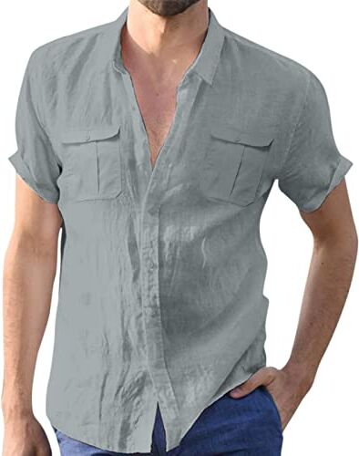 Generic Camicia da uomo a maniche corte estiva per il tempo libero, in cotone e lino, tinta unita, da lavoro, a maniche corte, Z04 grigio, XXL