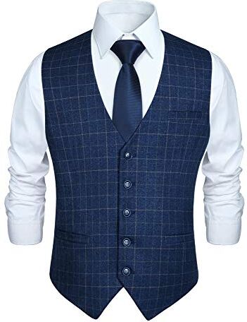 HISDERN Gilet Formale da Uomo Blu in Cotone Panciotto Uomo Elegante Casual con Motivo Scozzese a Quadri Estivo XL