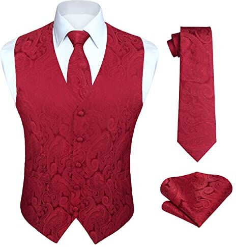 HISDERN Gilet da sposa uomo Borgogna Paisley Gilet rosa Floreale Jacquard Cravatta Fazzoletto da taschino Fazzoletto da festa di nozze Gilet aderente Set 4XL