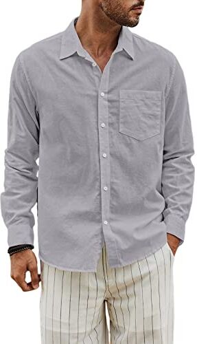 JMIERR Camicia in Lino di Cotone Uomo Maniche Lunghe Casual Camicie Western Regular Fit, Grigio L