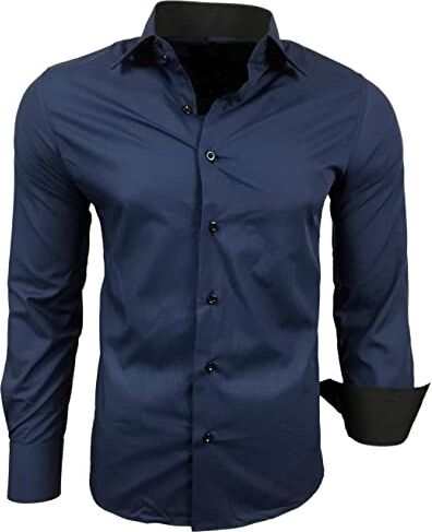 Subliminal Mode Stiratura Facile Camicia Uomo Collo Bicolore Tinta Unita Manica Lunga Taglio Slim Business Idea Regalo, Natale, San Valentino RN44, Blu marino, XXL