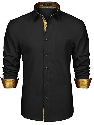 HISDERN Camicia a Maniche Lunghe in Oro Nero per Uomo Moda Classico Colletto Abbottonato Camicie da Concerto Casual per Feste Formali Casuali XXL