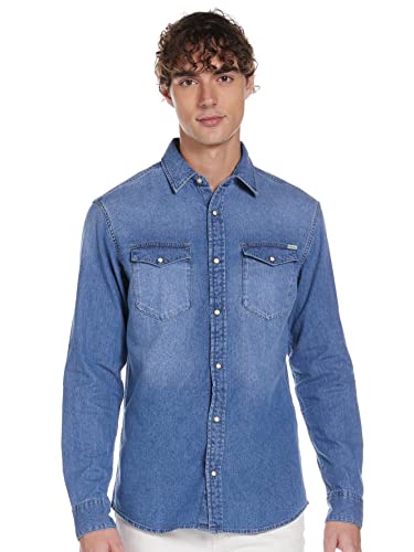 Jack & Jones S JJESHERIDAN Shirt L/S Camicia in Jeans, Blu (Medium Blue Denim Fit:Slim), X-Small Uomo