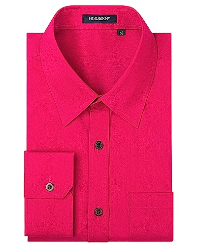 HISDERN Camicia Uomo Maniche Lunghe Camicie Casual Tinta Unita Shirt Regolare Camicia Rose Fucsia XXL
