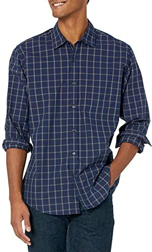 Amazon Essentials Camicia Casual in Popeline a Maniche Lunghe vestibilità Regular Uomo, Blu Marino A Quadri, XS