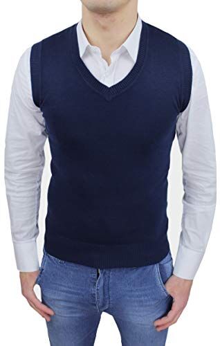 Evoga Gilet smanicato uomo slim fit casual elegante corpetto maglia cardigan (XL, Blu Collo V)