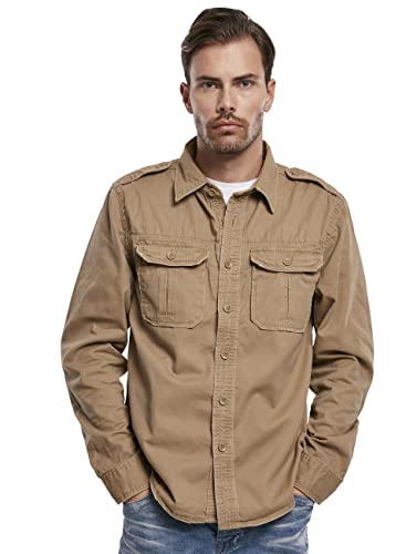 Brandit Vintage Camicia Maniche Lunghe E Maniche Corte, Taglie S Fino A 7XL Camel Maniche Lunghe, S