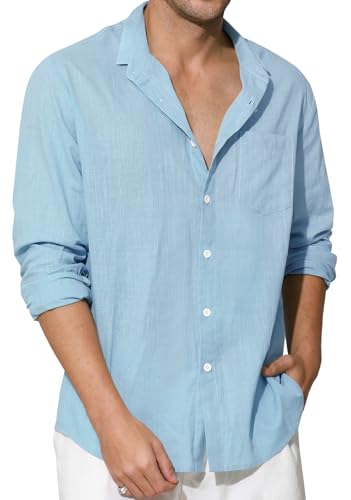Enlision Camicia Lino Uomo Blu Manica Lunga Estiva Camicie Celeste in Cotone Collo Coreana Henley Shirts con Bottoncini Elegante Casual Spiaggia XL
