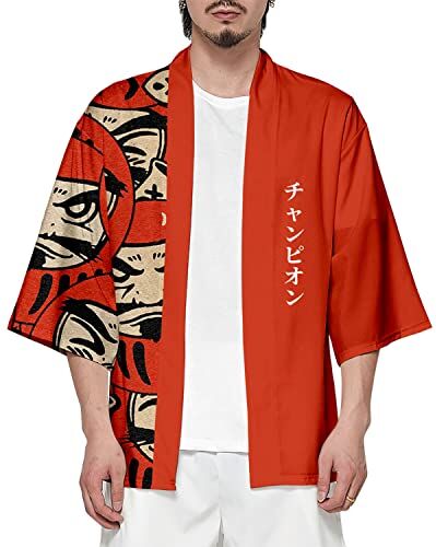 CIZEUR Camicia Kimono T Shirt Uomo Maniche 3/4 Cardigan Giacca Top Casual Camicetta Vintage Elegante Estiva Coppia, 3XL Dark Red