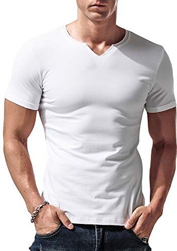 palglg Uomo vestibilità Slim Manica Short Henley Maglietta Casuale Scollo a V. Magliette Cotone Bianca X-Large