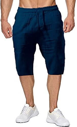 U/D Pantaloncini da spiaggia estivi da uomo in lino casual dalla vestibilità classica con coulisse (XL, Navy blue)