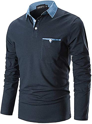 GNRSPTY Polo Manica Lunga Uomo Maglietta Denim Collare Maglia Elegante Cotone T-Shirt Golf Tennis Lavoro Camicia,Marina,XL