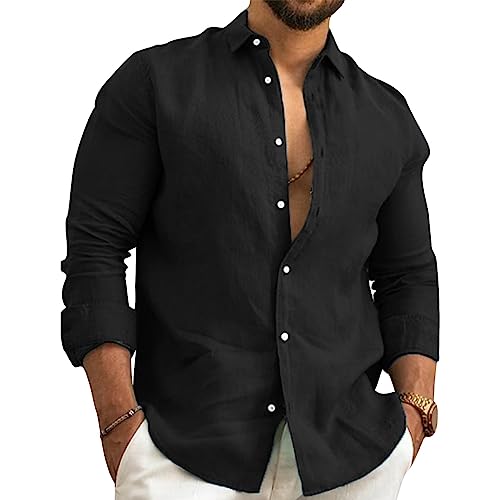 Puimentiua Camicia Lino Uomo Elegante Camicia Estiva Maniche Lunghe Camicia Coreana Uomo Tinta Unita Vacanze Beach