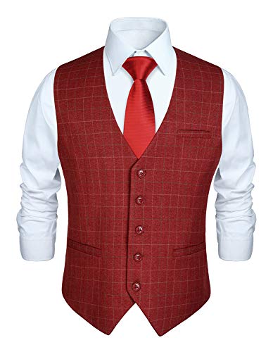 HISDERN Gilet Formale da Uomo Rosso in Cotone Panciotto Uomo Elegante Casual con Motivo Scozzese a Quadri Estivo 4XL