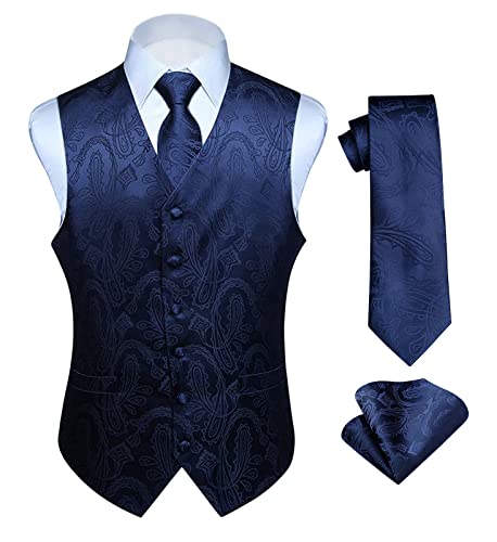 HISDERN Paisley Floreale Jacquard Floreale Gilet e Cravatta e Fazzoletto da Taschino Set Blu Navy 3XL