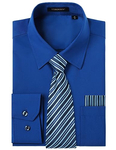 HISDERN Camicia Uomo Blu Reale Manica Lunga Elegante Camicia e Cravatta Casual Camicie Business Formale Camicie Matrimonio Casual con Tasca Regular XXL