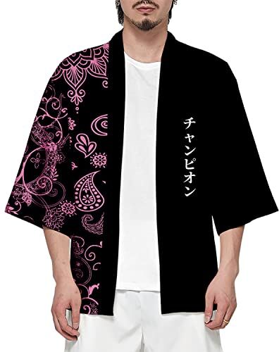 CIZEUR Camicia Kimono T Shirt Uomo Maniche 3/4 Cardigan Giacca Top Casual Camicetta Vintage Elegante Estiva Coppia, 5XL Black Pink