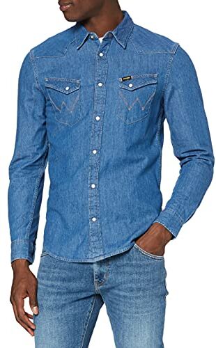 Wrangler Uomo Ls Western Denim Shirt Straight, Blu (Mid Stone), XXL