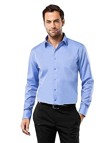 Vincenzo Boretti Camicia Uomo Eleganti, Taglio Normale/Regular-Fit, Collo Classico, Manica Lunga, in Tinta Unita Non Stiro/Non-Iron Blu 43-44