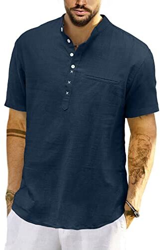 Meilicloth Camicia Lino Uomo Coreana Cotone Manica Corta Estiva Henley Casual con Bottoni Regular Fit Blu Navy M