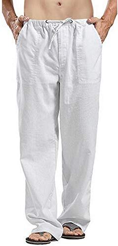 VANVENE Pantaloni da uomo in lino, stile casual, vestibilità larga, elastico in vita con coulisse, pantaloni a gamba dritta per yoga, spiaggia bianco XXXXXL