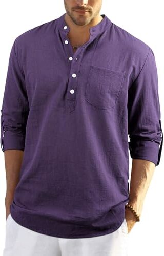 Enlision Maglietta Lino Uomo Casual Collo Coreana Primavera Autunno Manica Lunga Hawaiana Camicia Mare Uomo Viola per Interni, Lavoro e Viaggie 5XL