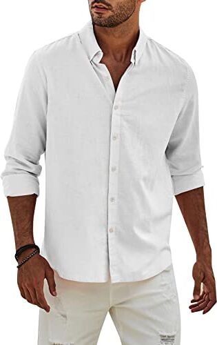 APOONABA Camicia Lino Uomo Manica Lunga Business Cotone Shirts con Bottoni Casual Tinta Unita Classica Elegante Camicia Regular Fit Molla Autunno Estate Bianco M